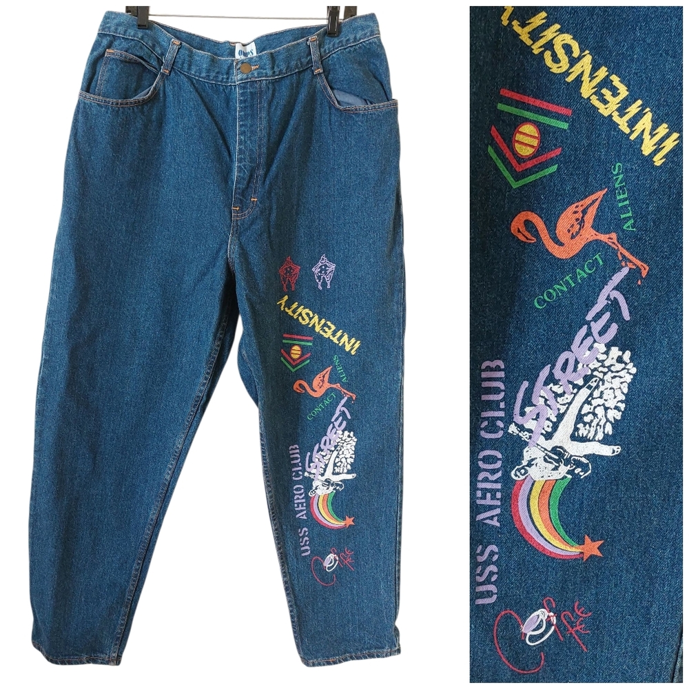 Vintage 90s Quips Colorful High Waist Graphic Aliens Print Street Art Jeans 36
